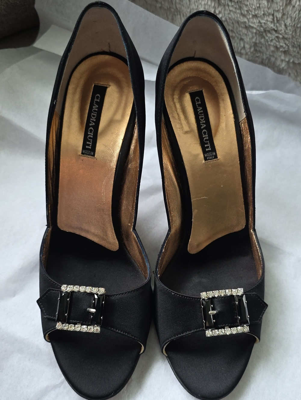 Claudia Ciuti Black Satin Peep-Toe Heels with Rhinestone Buckle